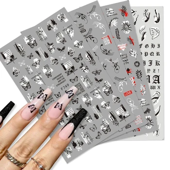 1PCS Art Zwart-Witte Vlinder Verlaat 3D Nail Stickers Nail Art Decoratie Sticker Geometrische Bloem Stickers Nail Art Supplies