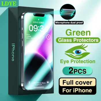 2PCS High-end Groene Bescherming van de Ogen: Gehard Glas Voor iPhone 14 13 12 11 Pro Max XS XR-X Screen Protector Stof Preventie
