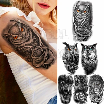 3D Uil Roos Tijdelijke Tatoeages Voor Vrouwen Mannen Realistische Valse Wolf Tijger Leeuw Tattoo Sticker Onderarm Waterdichte Tatoos