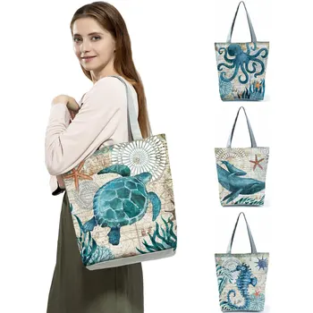 Aanpassen Tas Seahorse Schildpad Octopus Walvis Afgedrukt Reizen schoudertassen Eco Herbruikbare boodschappentassen Voor Vrouwen met Print
