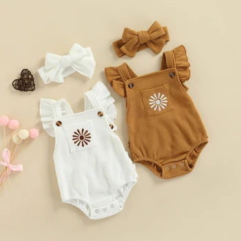 Baby Meisje van de Baby Romper Floral Patroon Roes Mouw Onderkant Snap Jumpsuit met een Effen Kleur Haar Accessoires