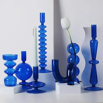 Blauwe Soorten Kandelaars, Bruiloft Decoratie, Glazen Kaarsenhouder Voor Een Stok Kaars, Vaas Met Bloemen Decoratie Van Het Huis