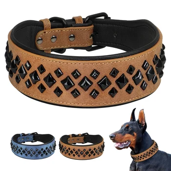 Cool Spiked Bezaaid Luxe Lederen Halsband Hond Halsband Halsbanden Grote Honden Ketting Verstelbaar Voor Middelgrote En Grote Honden Pitbull
