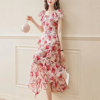 Fashion Elegante Florale Hoge Taille Fairy Dress 2023 Zomer Vrouwelijke Kleding Koreaanse Ridders Van De Hals Verbonden Slanke Lange Jurken Vrouwen