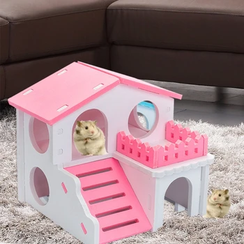 Hamster Houten Huis Nesten Habitat Kleine Dieren Gekleurde Spelen Hut Villa kauwspeeltjes voor Dwerg Hamster Slapen 2 Kleuren