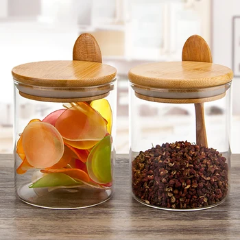 Kruiden Pot met Bamboe Deksel met Lepel Opslag van Voedsel Kom Keuken Accessoires Luchtdichte Glazen Spice Container voor Keuken Werkbladen