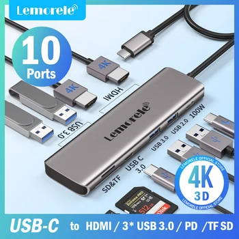 Lemorele 10-Poorten USB-C HUB Type C Adapter Hub USB Dock 4K HDMI-30Hz PD100W Snel op te Laden, SD/TF Card Reader