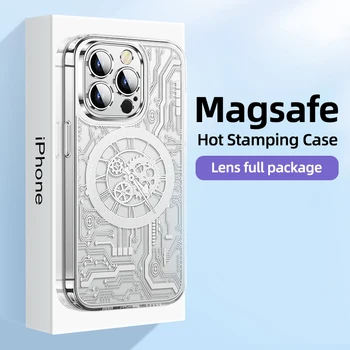 Luxe Duidelijk Mechanisch Horloge Telefoon Geval Voor iPhone 12 13 14 15 Pro Max Transparante Lens Bescherming van de Magnetische Magsafe-Funda Cover