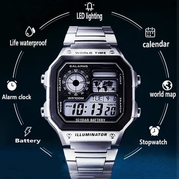 Mannen Horloges Leven Waterdichte LCD Kleurrijke Koud Licht Horloge van Roestvrij Staal Digitaal Horloge Met 5 Wekker World Time Horloges
