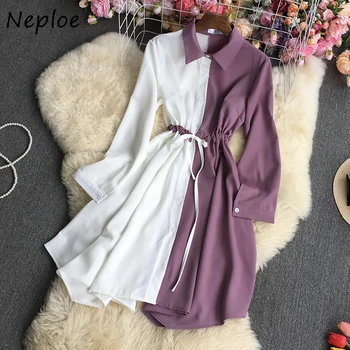 Neploe 2023 koreaanse Mode Kleding Turn Down Kraag met Contrast gekleurde Lappendeken met Lange Mouwen Mantel Single-breasted Koord Vestidos