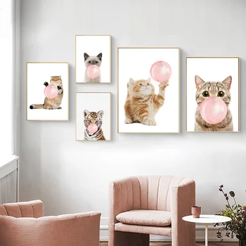 Nordic Kunst aan de Muur Cat Tiger Cub roze Ballon Bubble Gum Canvas Poster Nursery Print Schilderij van Foto kinderkamer Inrichting