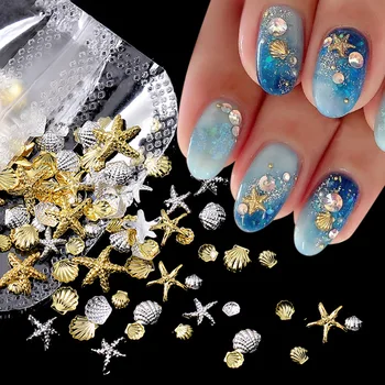Oceaan Zeesterren Shell Nagel Gouden Bedels Zilver Metaal Nail Art Decoratie 3D Nail Geklonken Metalen Schijfje DIY Manicure Nagel Delen