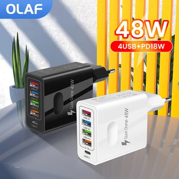 Olaf 5 Poorten 48W USB-Lader PD Lader Snel op te Laden Wall ladersadapter Voor iPhone, Samsung Xiaomi Telefoon Lader voor het Snel Opladen