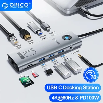 ORICO 10Gbps Type C-Dock 4K60Hz HDMI-compatibele USB3 geschreven.0 HUB RJ45-PD100W Adapter Card Reader voor PC, Laptop Accessoires