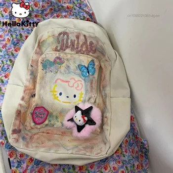 Sanrio Hello Kitty Nieuwe Tassen Vintage Creatieve Fashion Rugzakken Y2k Meisje Zoete Dubbele Schoudertas Vrouwen Geschilderd Cartoon Rugzak