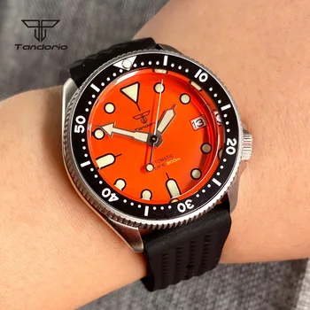 Tandorio NH35A 37mm 200M Duik Automatische Horloge voor Mannen Dames Lichtgevende Oranje Dial Keramische Roterende Bezel Saffierglas Datum
