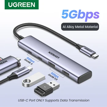 UGREEN USB-C-Hub 4 Poorten USB-C-naar-USB-Hub met 2 USB-C en 2 USB-A 5 gbit / s Data Port Aluminium Type C Hub met Meerdere USB-Adapter
