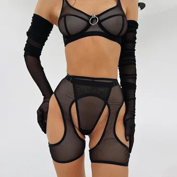 Yimunancy 3-Stuk Uit Te Knippen Gaas Erotische Vrouwen Transparante Sexy Zwarte Lingerie Set Open Rug Thong Kousenband Kit