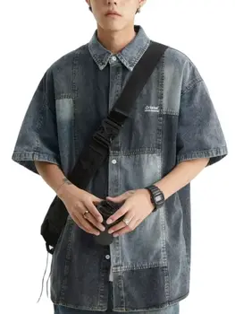 Zomer Vintage Japanse Stijl Shirt Met Korte Mouwen 2023 Patchwork Cowboy Straat, Hip Hop Single Breasted Vest Mens Fashion Top